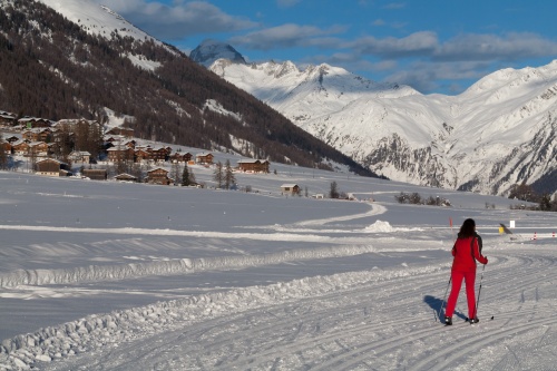 Rote Langlaeuferin vor Furkamassiv